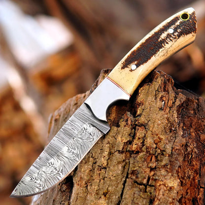 Handmade Bushcraft Damascus Steel Hunting Skinner Knife Stag Horn Handle with Sheath