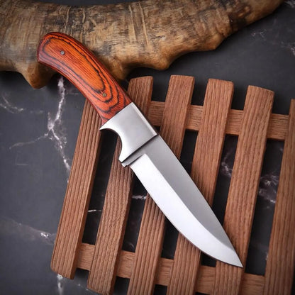 Wooden Handle Fixed Blade Knife with Leather Sheath – Outdoor & Hunting Knife