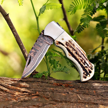 Premium Folding Hunting Knife – Copper Damascus Blade with Antler Handle