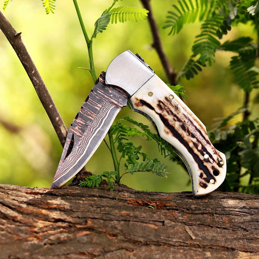Premium Folding Hunting Knife – Copper Damascus Blade with Antler Handle