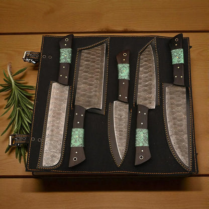 Damascus Steel Chef Knife Set 5 Pcs with Wooden handle