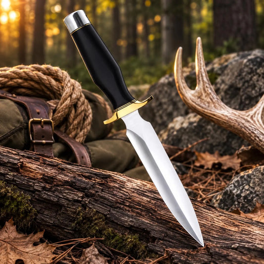 Hunting Bowie Knife – Fixed Blade with Black Handle & Gold Guard