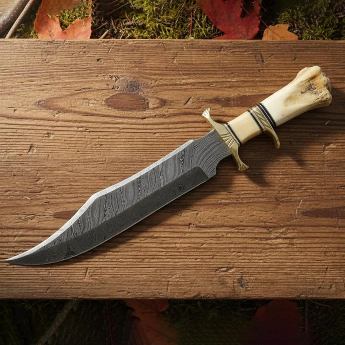 Handcrafted Damascus Steel Bowie Knife with Bone & Horn Handle
