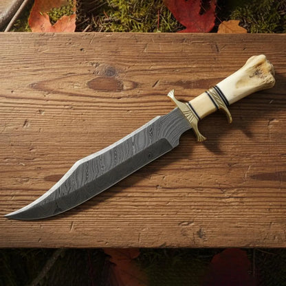 Handcrafted Damascus Steel Bowie Knife with Bone & Horn Handle