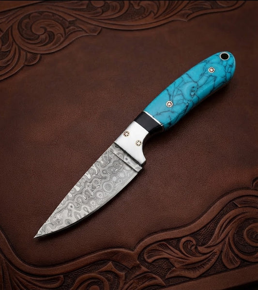 Cowboy Custom Damascus Hunting Knife Fixed Blade with Steel Bolster Resin & Hand-Tooled Leather Sheath