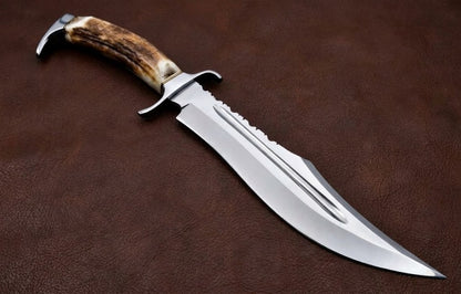Handcrafted D2 Steel Bowie Knife with Genuine Deer Antler Handle Custom Hunting Knife