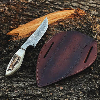 Premium Damascus Fixed Blade Hunting Knife with Antler Handle