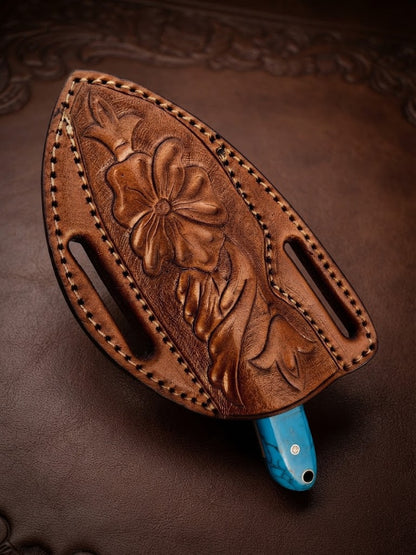 Cowboy Custom Damascus Hunting Knife Fixed Blade with Steel Bolster Resin & Hand-Tooled Leather Sheath