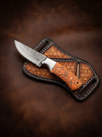 Handcrafted Custom Cowboy Hunting Knife Premium Orange Resin Handle & Rasp Blade