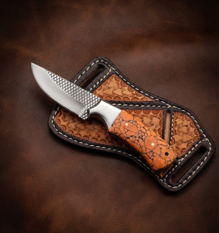 Handcrafted Custom Cowboy Hunting Knife Premium Orange Resin Handle & Rasp Blade