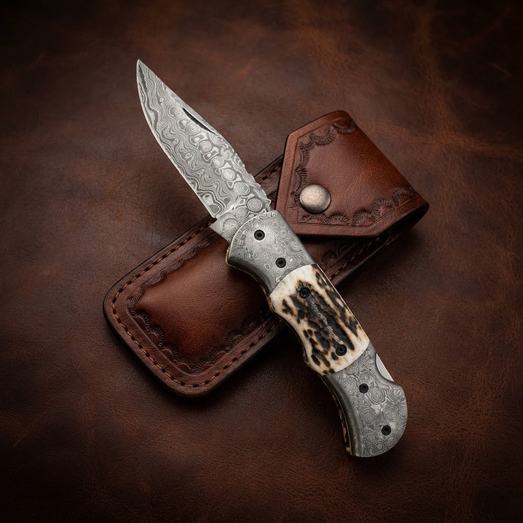 Handcrafted Custom Damascus Folding Knife – Raindrop Pattern Blade & Antler Bone Handle EDC