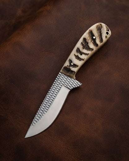 Custom Handmade Rasp Steel Blade Sheep Horn Handle Cowboy Knife with Leather Sheath