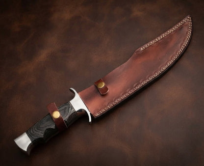 Handcrafted D2 Steel Bowie Hunting Knife with Pakka Wood Handle and Leather Sheath