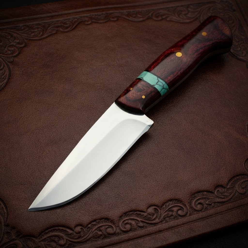 Custom Fixed Blade Hunting Knife |Pakka Wood Handle & Leather Sheath