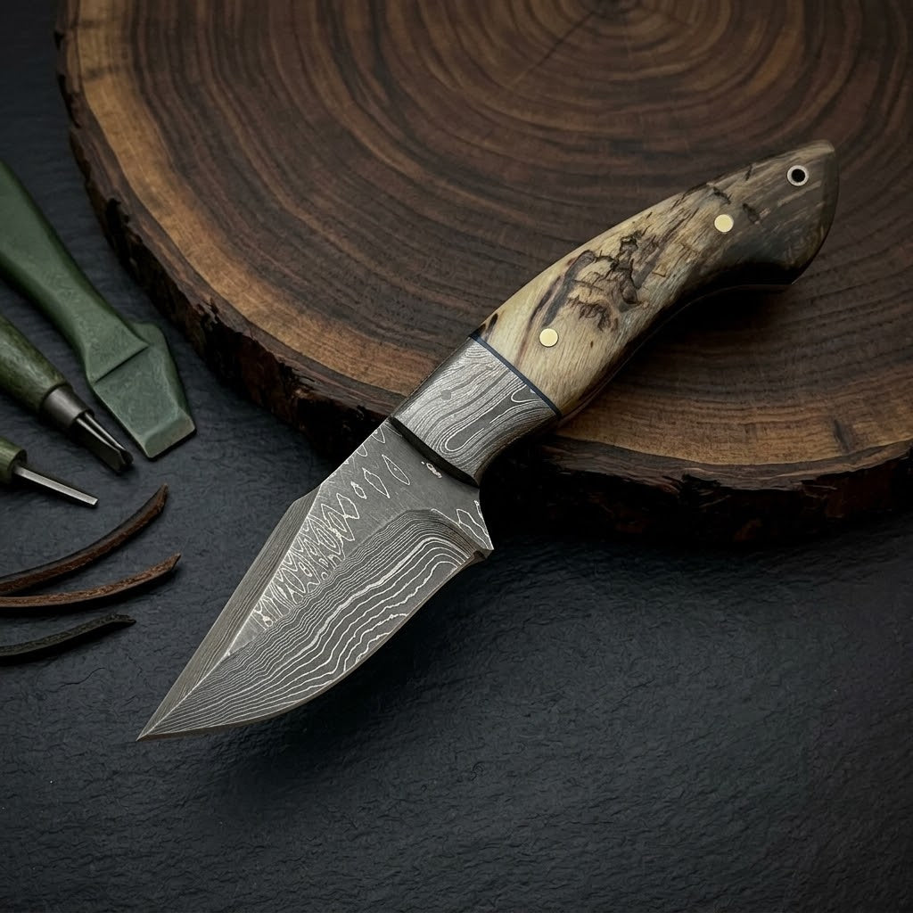 Custom Hand-Forged Damascus Steel EDC Fixed Blade Knife with Custom Leather Sheath