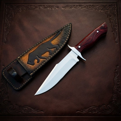Custom Bowie Hunting Knife Pakka Wood Handle High-Polish Steel Blade & Leather Sheath