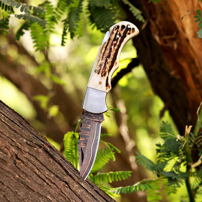 Premium Folding Hunting Knife – Copper Damascus Blade with Antler Handle