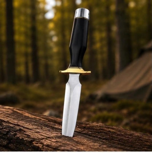 Hunting Bowie Knife – Fixed Blade with Black Handle & Gold Guard