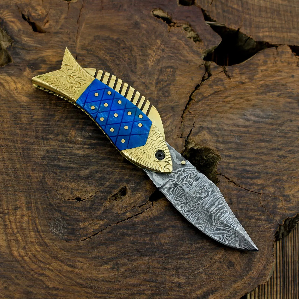 Blue & Gold Damascus Folding Knife – Ornate Pocket Knife with Decorative Handle