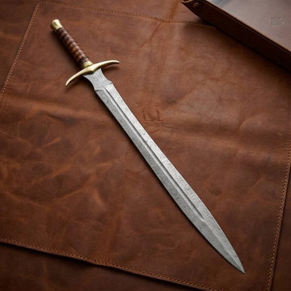 Handcrafted Damascus Steel Viking Sword with Brass and Wood Handle & Leather Sheath