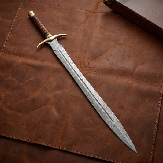 Handcrafted Damascus Steel Viking Sword with Brass and Wood Handle & Leather Sheath