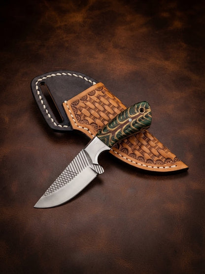 Handcrafted Custom Rasp Blade Cowboy Hunting Knife with Pinecone Handle & Leather Sheath