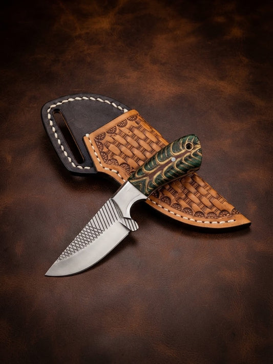 Handcrafted Custom Rasp Blade Cowboy Hunting Knife with Pinecone Handle & Leather Sheath