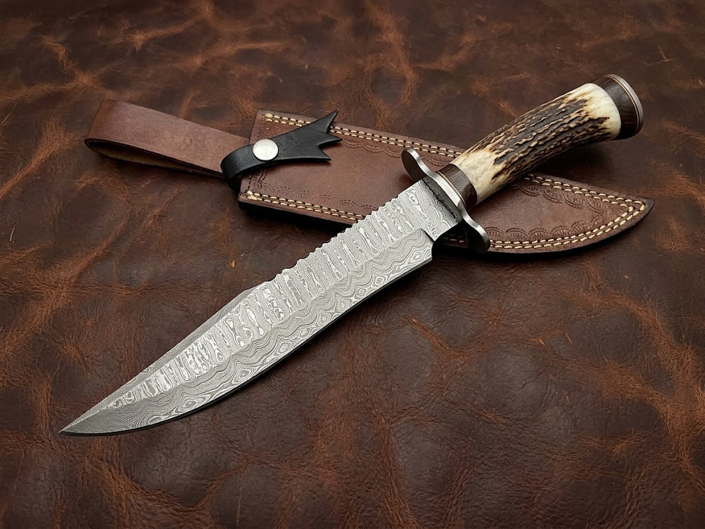 Handcrafted Damascus Steel Bowie Knife with Genuine Deer Antler Handle Custom Hunting Knife