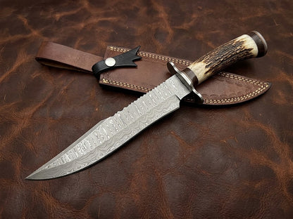 Handcrafted Damascus Steel Bowie Knife with Genuine Deer Antler Handle Custom Hunting Knife