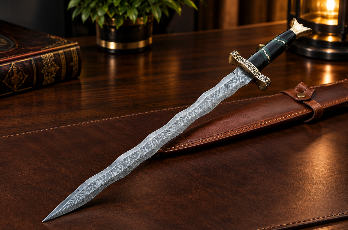 Handcrafted Damascus Viking Sword with Micarta Handle & Brass Guard with Leather Sheath