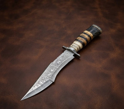 Custom Damascus Steel Bowie Knife – Handcrafted Rosewood & Bone Hunting Knife