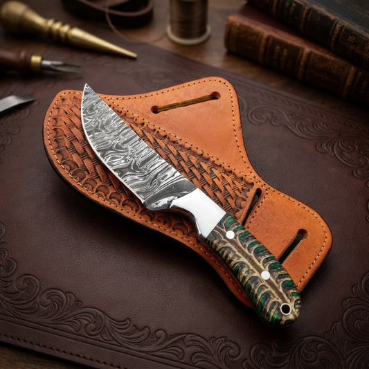 Handmade Damascus Steel Cowboy Knife Pinecone Handle Pancake Leather Sheath