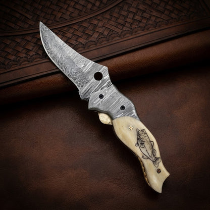 Handmade Damascus Folding Knife with Fish Bone Handle & Leather Sheath