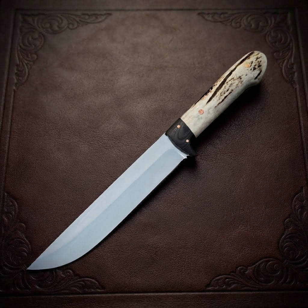 Custom Handmade Hunting Knife Stag Antler Handle & Designer Leather Sheath