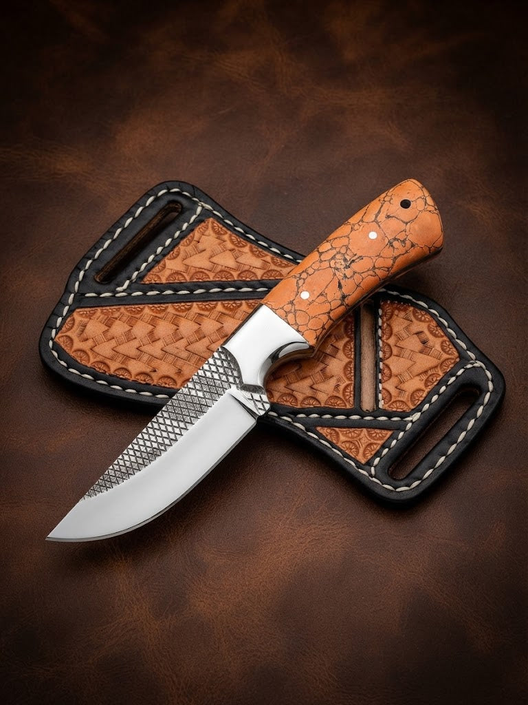 Handcrafted Custom Cowboy Hunting Knife Orange Resin Handle & Rasp Blade