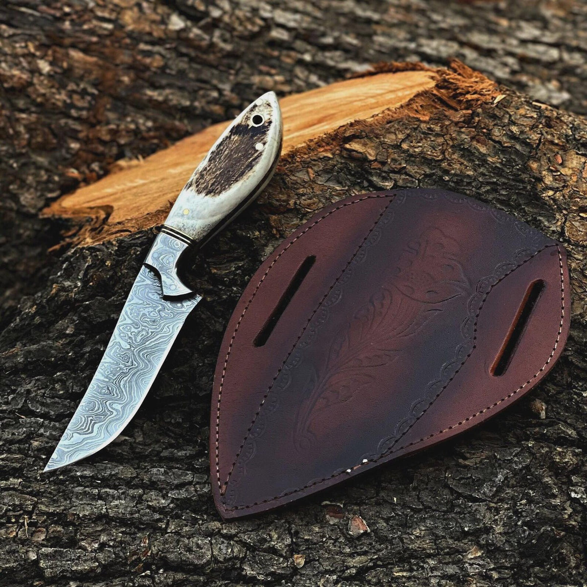 Premium Damascus Fixed Blade Hunting Knife with Antler Handle