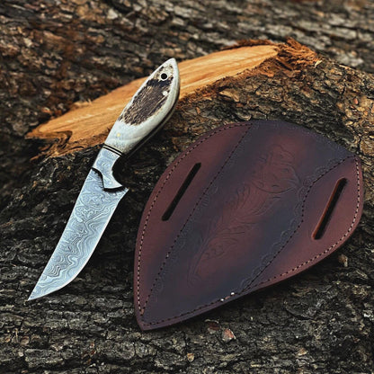 Premium Damascus Fixed Blade Hunting Knife with Antler Handle