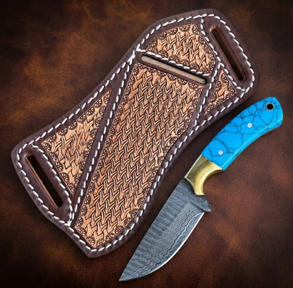 Handcrafted Cowboy Hunting Knife with Damascus Steel Blade, Resin Handle & Leather Sheath