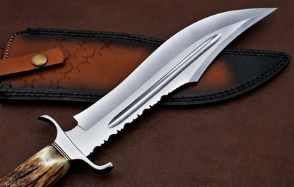 Handcrafted D2 Steel Bowie Knife with Genuine Deer Antler Handle Custom Hunting Knife
