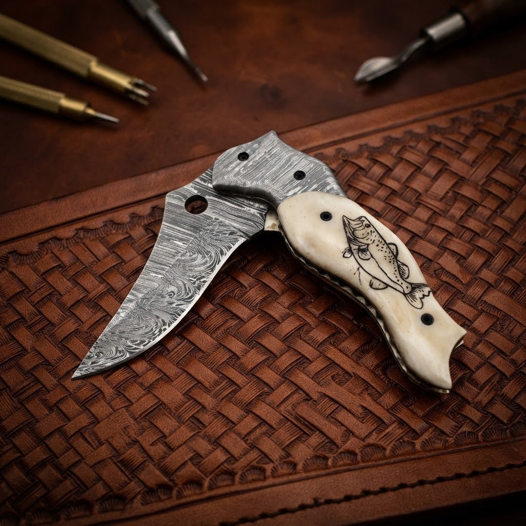 Handmade Damascus Folding Knife with Fish Bone Handle & Leather Sheath