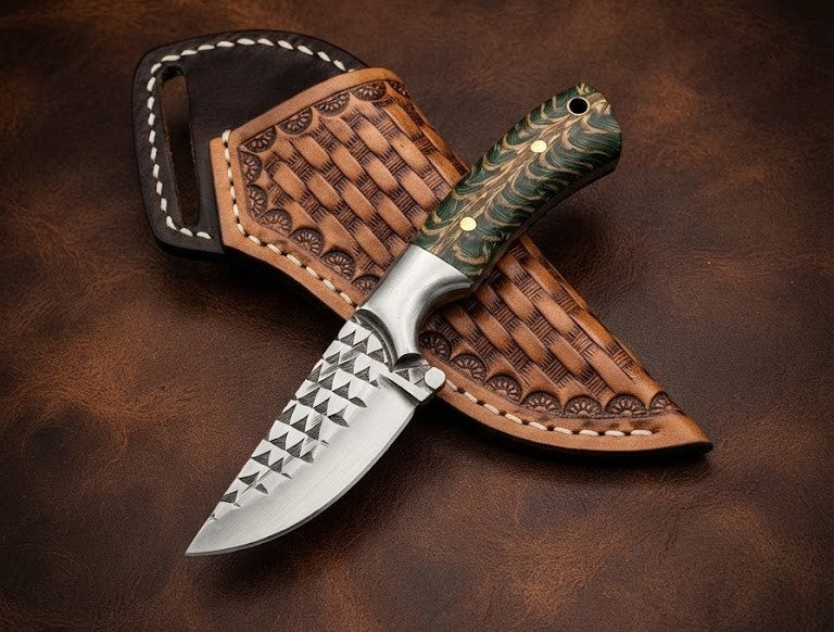 Handcrafted Custom Rasp Blade Cowboy Hunting Knife with Pinecone Handle & Leather Sheath