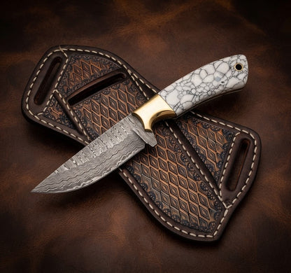 Custom Damascus Cowboy Hunting Knife White Resin Handle & Leather Sheath