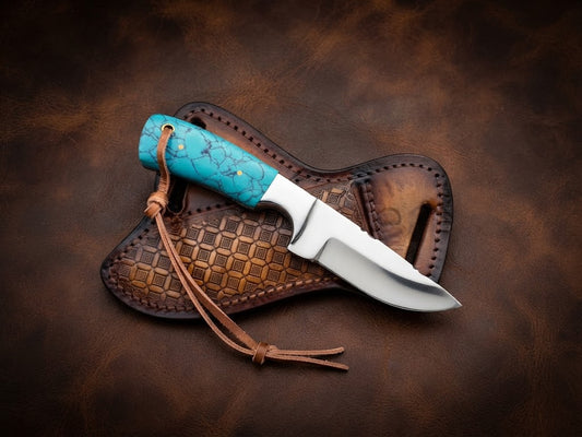 Custom Handmade D2 Steel Turquoise Resin Cowboy Hunting Knife with Sheath
