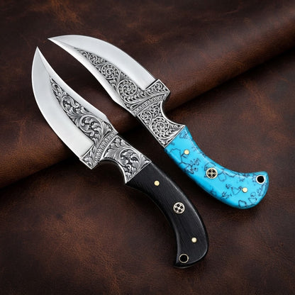 Hand-Engraved D2 Steel Hunting Knife Pair with Turquoise Resin & Wenge Wood Handles
