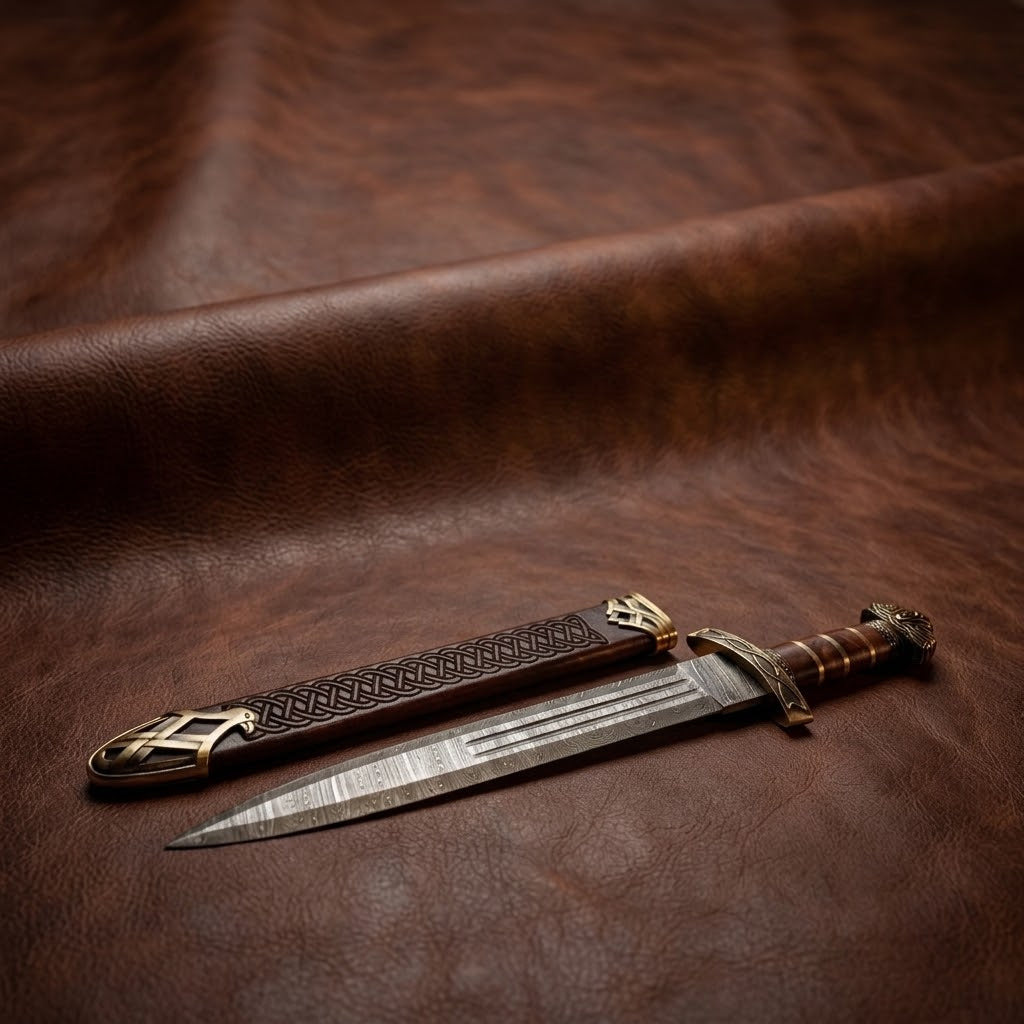 Custom Handcrafted Damascus Steel Viking Sword – Medieval Celtic Dagger with Pewter and Wood Handle