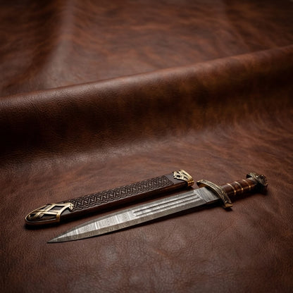 Custom Handcrafted Damascus Steel Viking Sword – Medieval Celtic Dagger with Pewter and Wood Handle