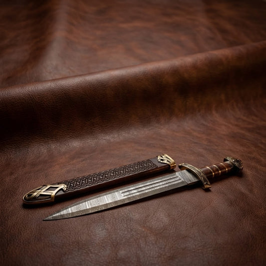 Custom Handcrafted Damascus Steel Viking Sword – Medieval Celtic Dagger with Pewter and Wood Handle