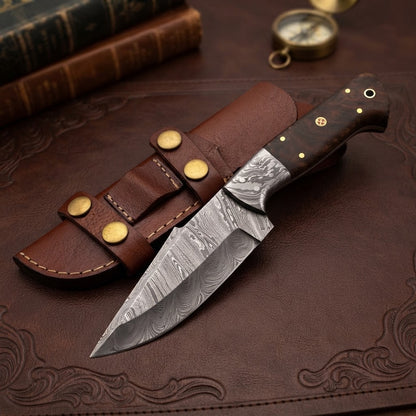 Custom Damascus Fixed Blade Hunting Knife Rosewood Handle Leather Sheath