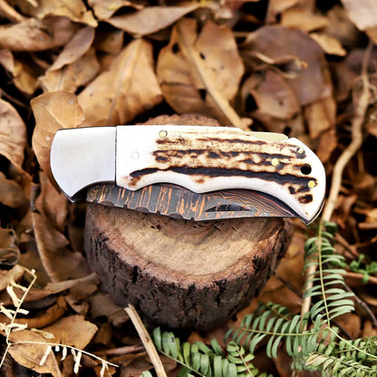 Premium Folding Hunting Knife – Copper Damascus Blade with Antler Handle