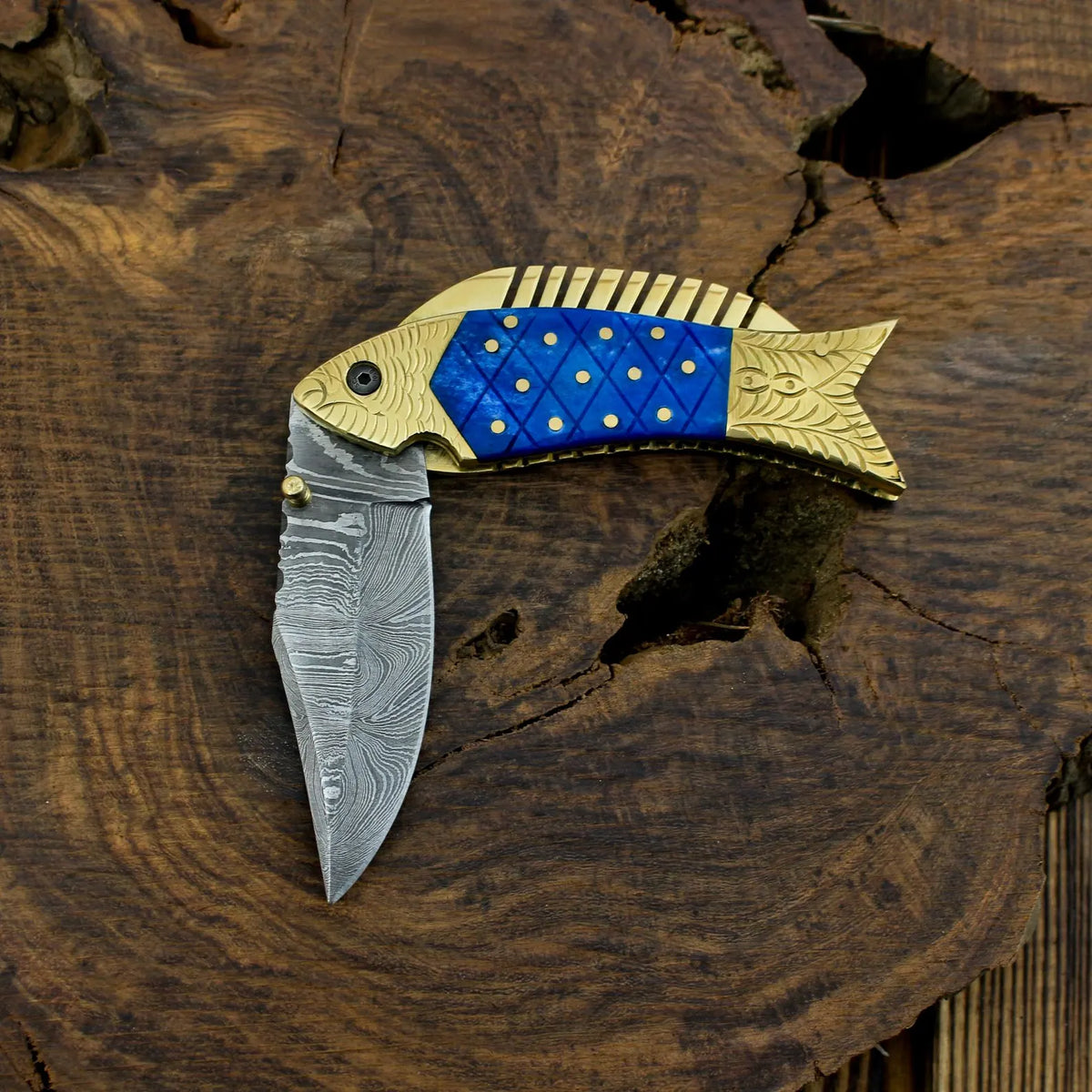 Blue & Gold Damascus Folding Knife – Ornate Pocket Knife with Decorative Handle